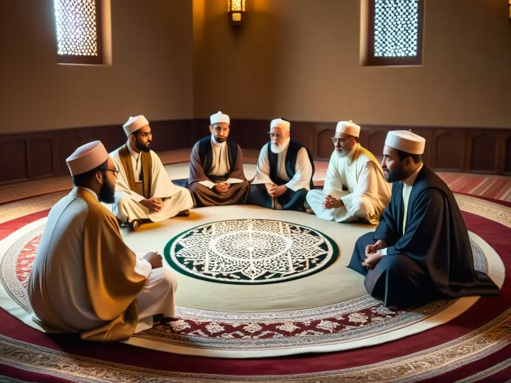 Estudio de hadices: debate y tradición islámica Un círculo de eruditos musulmanes discute y autentica hadices en una atmósfera de rigor intelectual