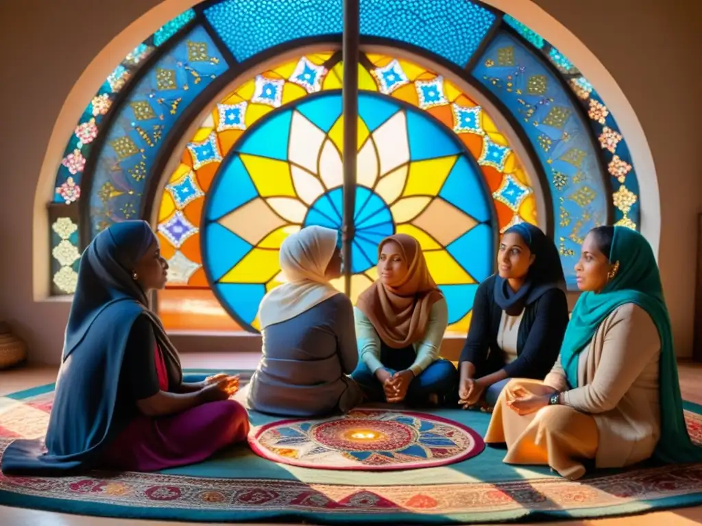 Un círculo de mujeres escuchando atentamente a una anciana mientras cuenta historias, en un ambiente lleno de tradición e historia islámica