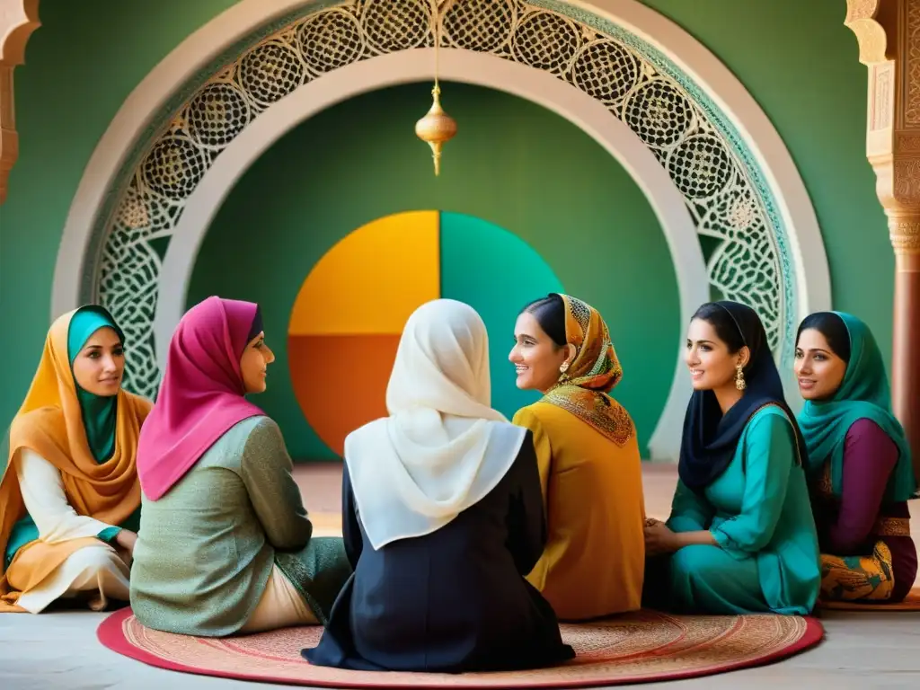 Un círculo de mujeres en diálogo, vistiendo atuendos coloridos en un entorno islámico tradicional, transmitiendo historias y sabiduría