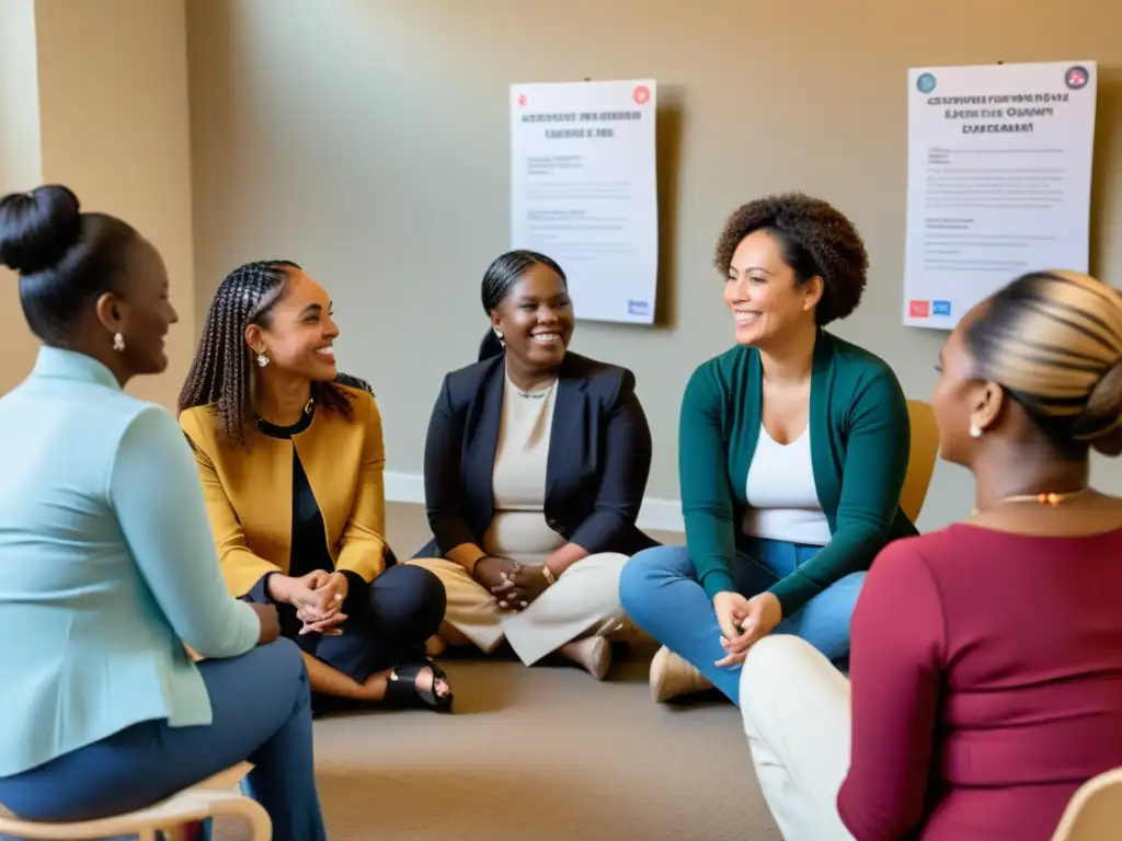 Un círculo de mujeres diversas discute derechos de la mujer en medicina islámica en un centro comunitario luminoso y acogedor