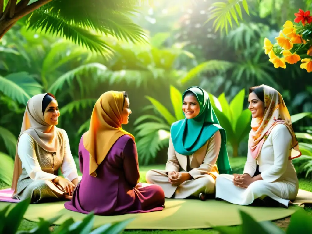 Un círculo de mujeres musulmanas en hijabs coloridos, compartiendo sabiduría en un entorno tropical