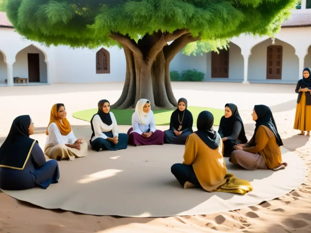 Un círculo de mujeres musulmanas y hombres dialogando bajo un árbol