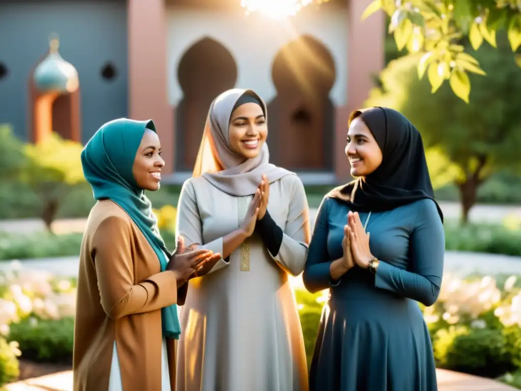 Un círculo de mujeres musulmanas discuten animadamente bajo la luz del sol, mostrando liderazgo femenino en el Islam