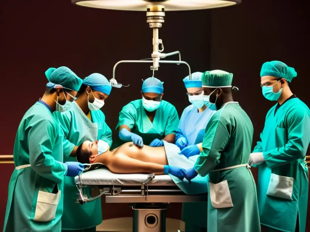 Un cirujano habilidoso realiza una cirugía pionera en AlÁndalus, rodeado de un equipo enfocado, en un teatro quirúrgico históricamente preciso