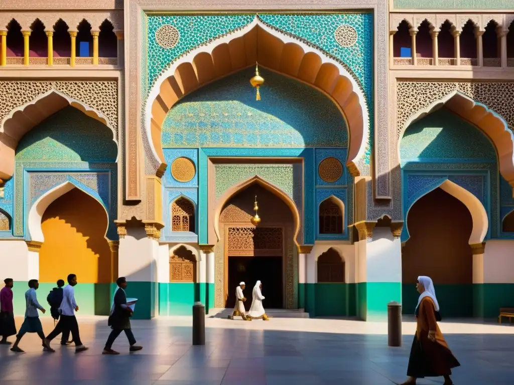 Una ciudad asiática bulliciosa con una madrasa destacada entre los edificios