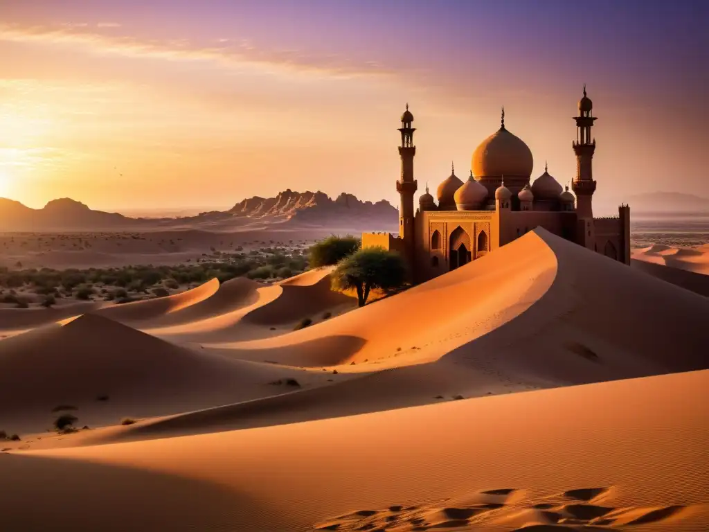 Una ciudad árabe en el desierto al atardecer, con edificios de arenisca y patrones islámicos