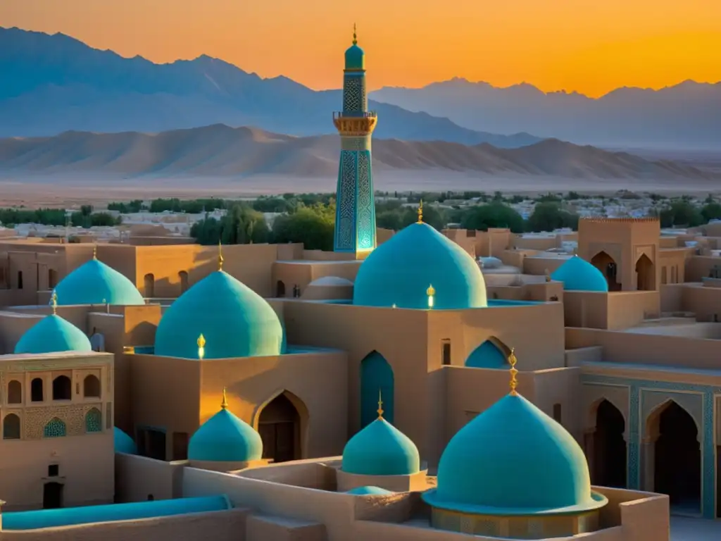 La ciudad del Fuego Sagrado Yazd se tiñe de tonos dorados al atardecer, con las icónicas torres de viento y la arquitectura persa en primer plano