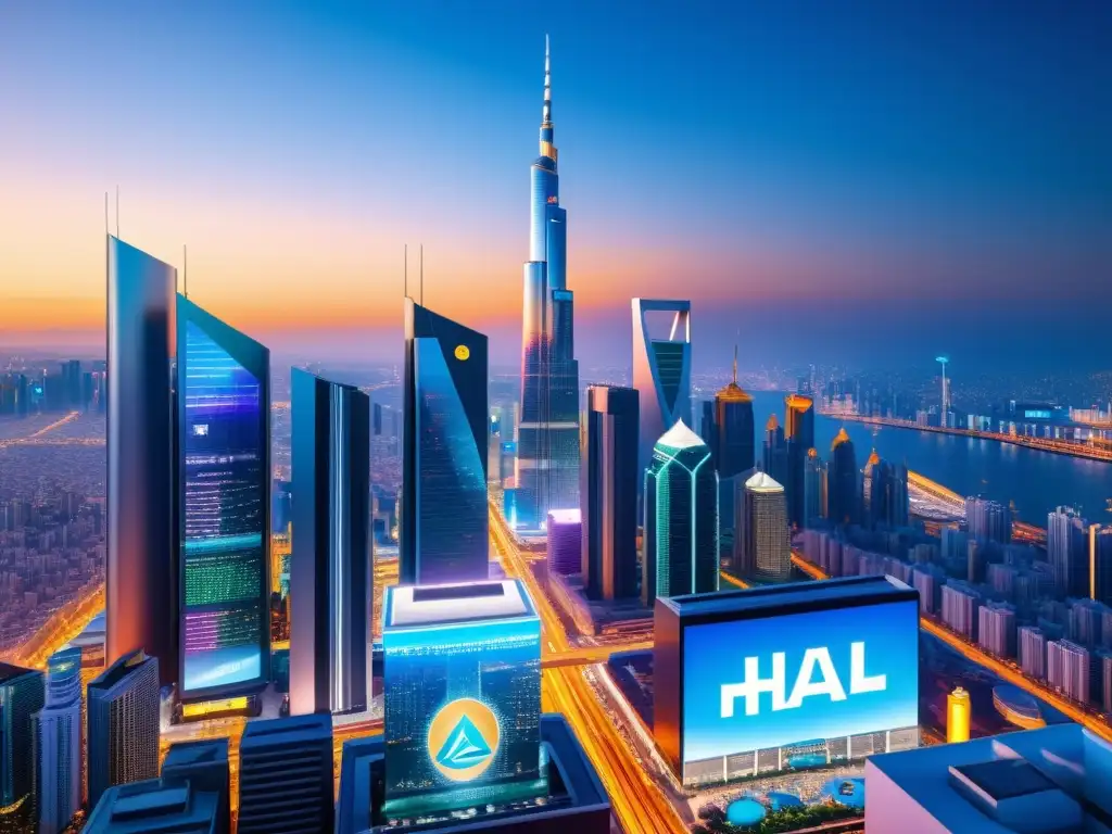 Una ciudad futurista con rascacielos y símbolos de criptomonedas halal en pantallas electrónicas