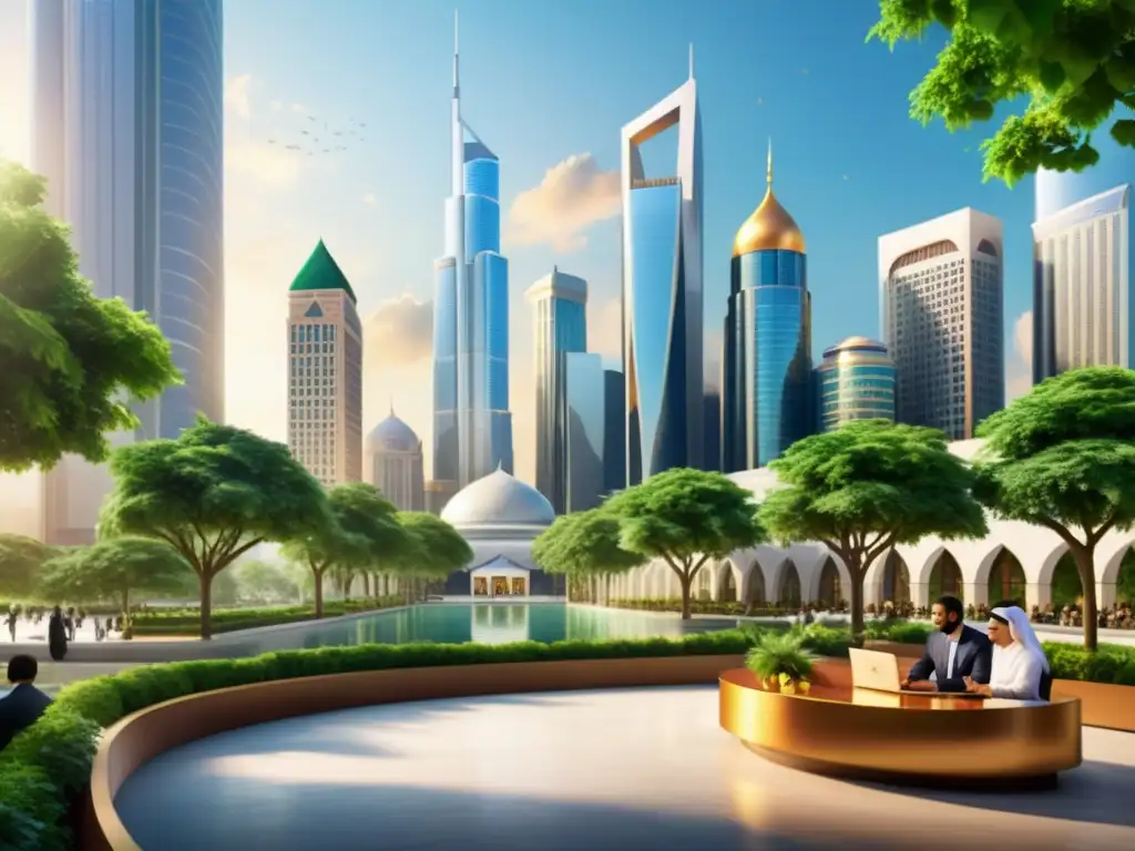 Distrito financiero islámico: modernidad y tradición Una ciudad islámica bulliciosa con rascacielos reflejando la luz del sol y un ambiente futurista
