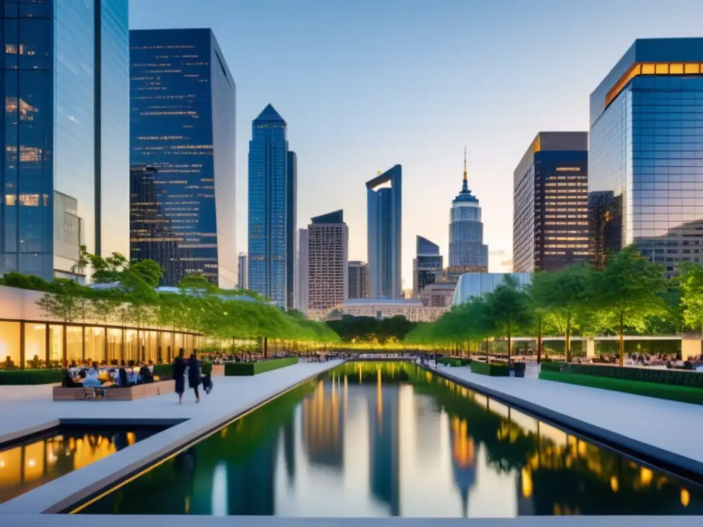 Una ciudad vibrante al atardecer, con rascacielos modernos reflejando un parque urbano