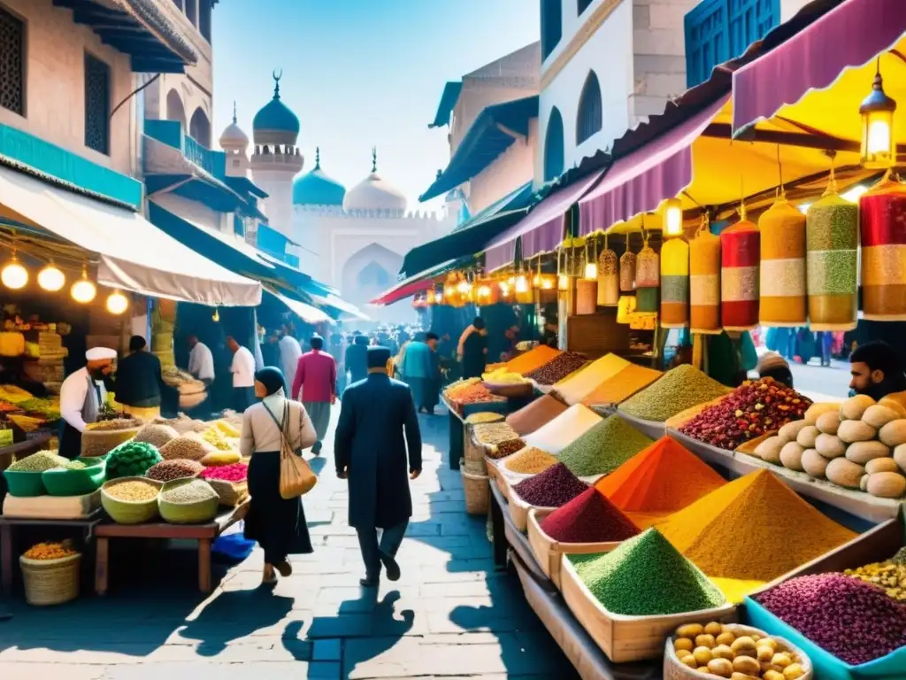 Gastronomía en ciudades islámicas: bullicioso mercado callejero con especias, frutas y platos tradicionales, entre turistas y lugareños