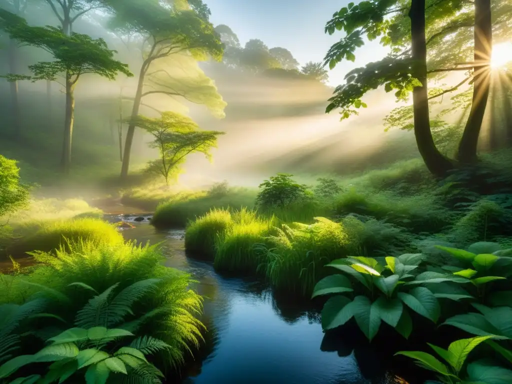 Un claro de bosque sereno al amanecer, con la luz dorada filtrándose entre la frondosa arboleda