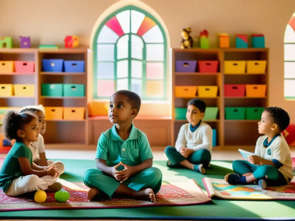 Clase islámica llena de luz, libros y niños felices aprendiendo con tecnología educativa