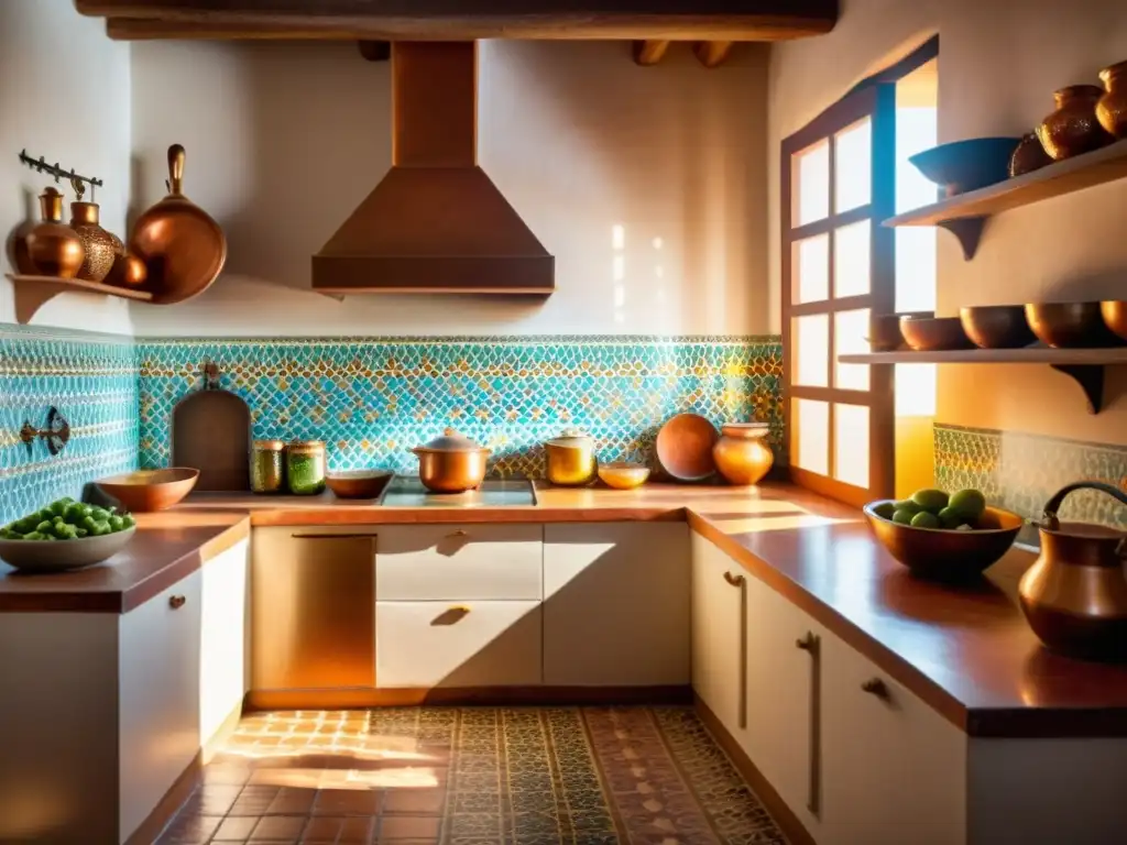 Una cocina andaluza tradicional con azulejos decorativos y utensilios de cocina, bañada por luz solar