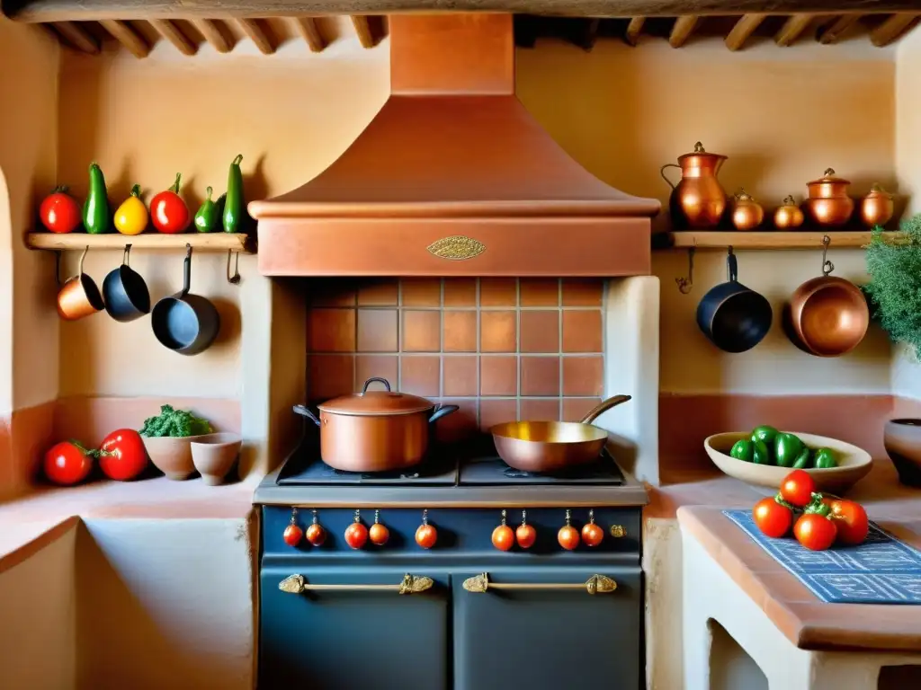 Una cocina andaluza tradicional con ingredientes frescos, utensilios de cobre y un horno de barro con llamas