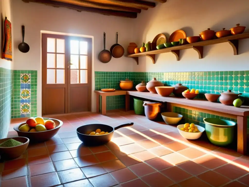 Una cocina andaluza tradicional llena de coloridos azulejos, ollas de cobre y frutas vibrantes