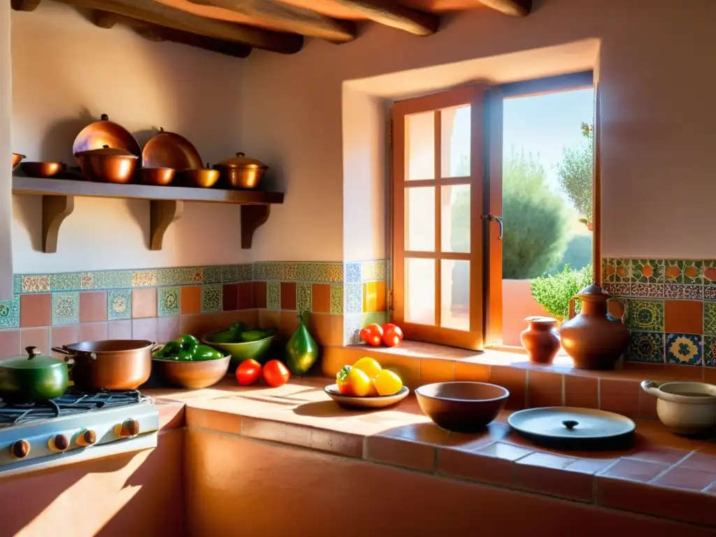 Una cocina andaluza tradicional llena de colores vibrantes y energía bulliciosa, capturando la esencia de las recetas tradicionales AlÁndalus