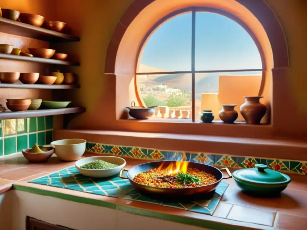 Una cocina andaluza tradicional con paellera de cobre, especias coloridas y chef preparando recetas tradicionales AlÁndalus