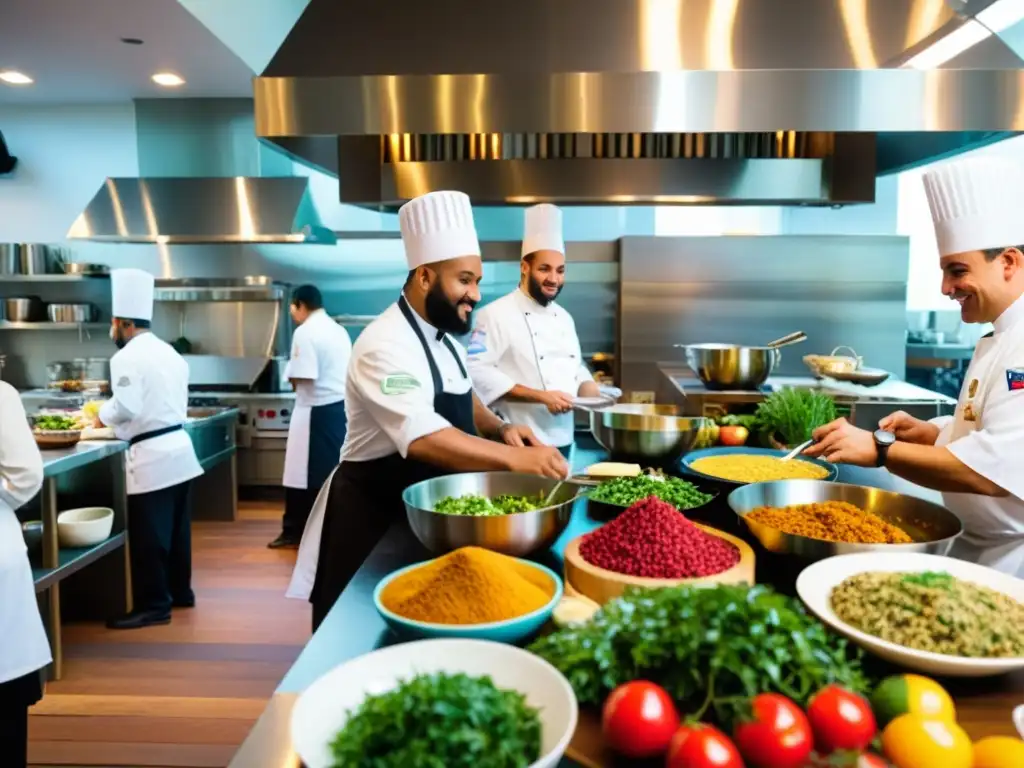 Una cocina bulliciosa con chefs preparando platos de cocina islámica y latinoamericana, creando integración culinaria