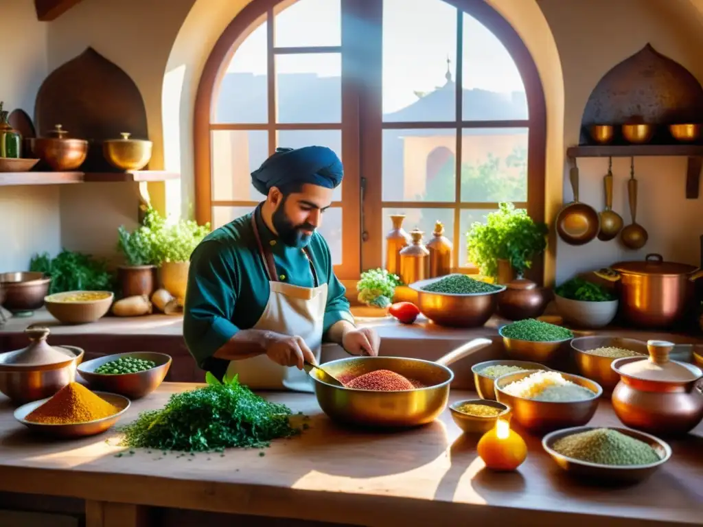 Un cocina persa tradicional llena de especias, hierbas frescas e ingredientes