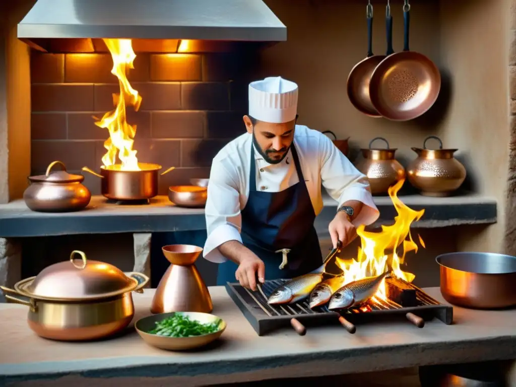 Un cocinero experto cocina un pescado entero sobre fuego abierto en una cocina islámica tradicional con azulejos intrincados y ollas de cobre