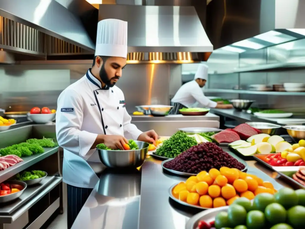 Un cocinero prepara con precisión una variedad de platos halal saludables en un animado restaurante halal