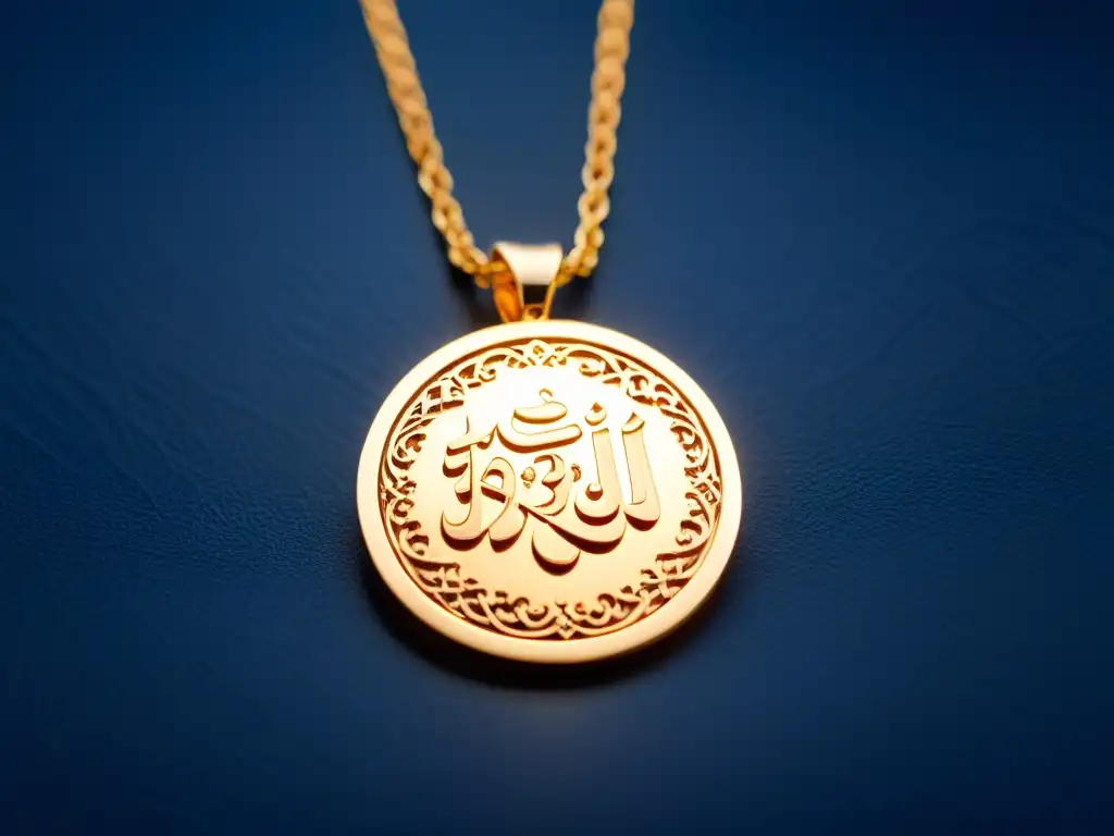 Un colgante de plata con caligrafía islámica, brilla bajo la luz del sol, evocando significado espiritual en accesorios Halal