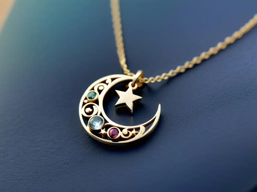 Un collar plateado con colgante de luna y estrella, accesorio Halal con detalles finos y significado espiritual