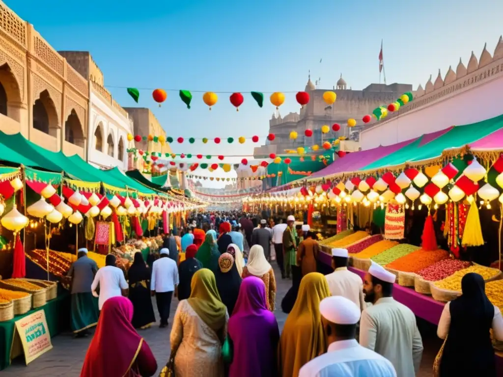 Colorida celebración de Rabi' alAwwal en una bulliciosa calle de la ciudad, llena de alegría y actividad cultural islámica