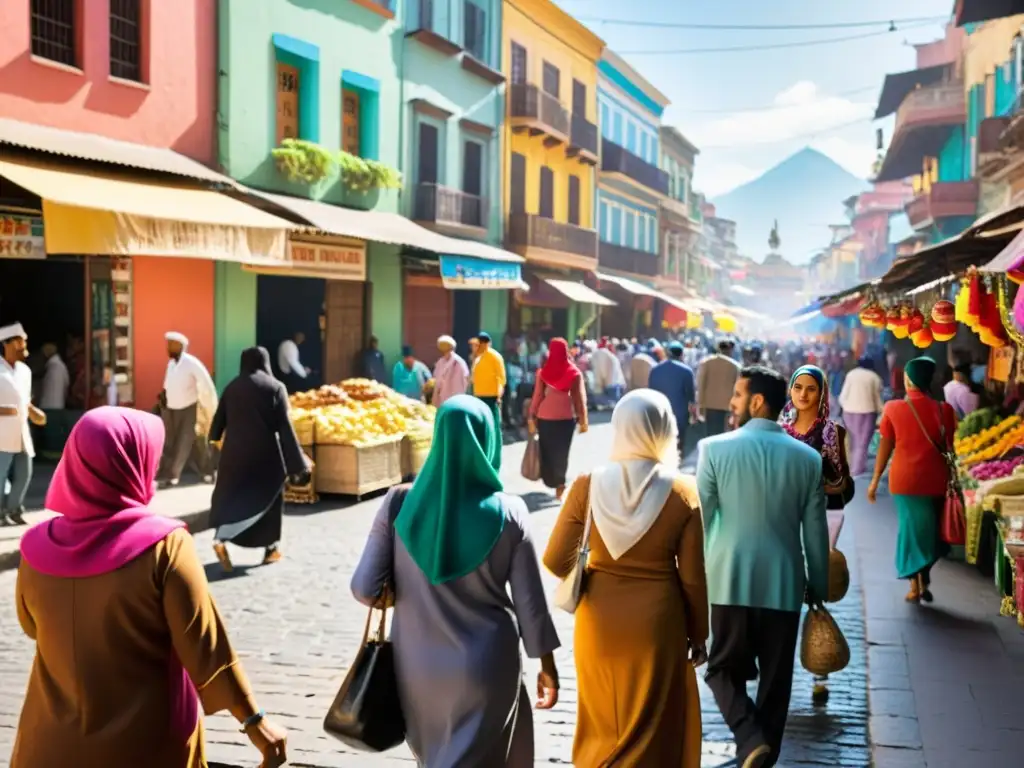 Una colorida calle de ciudad latinoamericana, muestra la armonía entre culturas y religiones, desafiando la islamofobia en América Latina