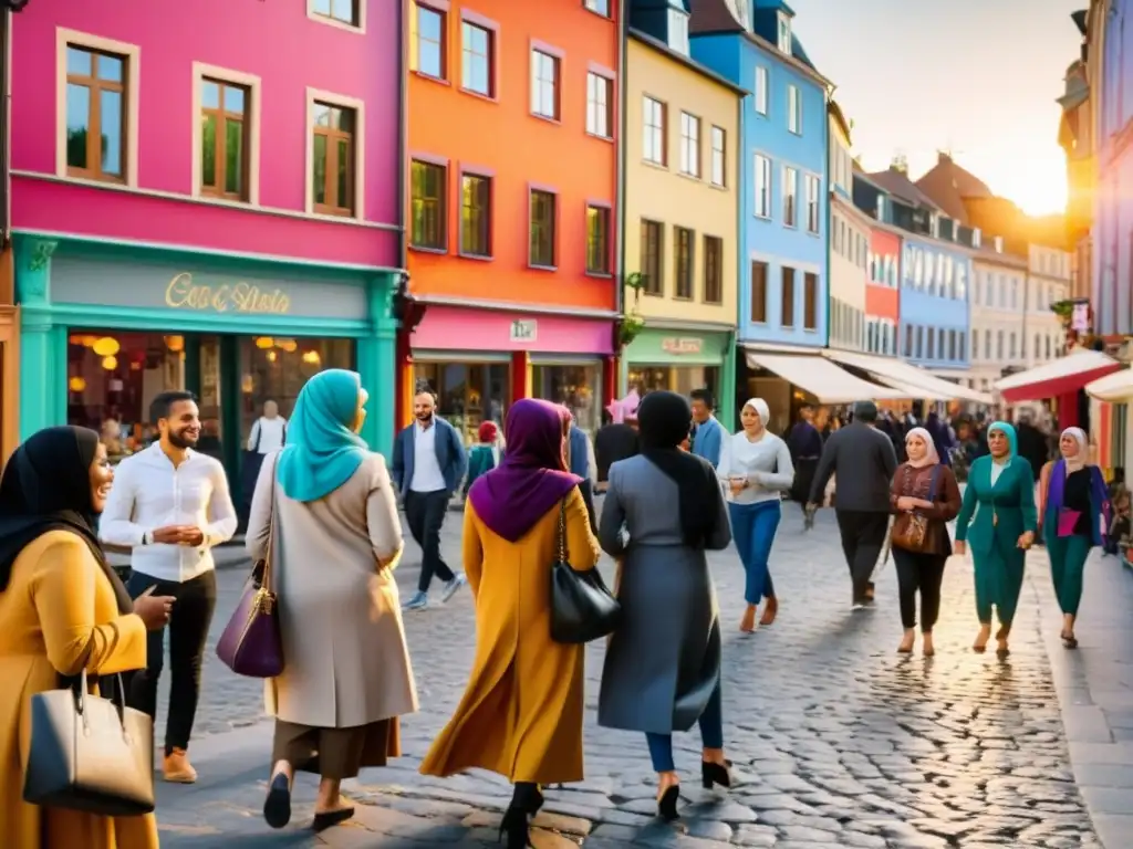 Colorida calle europea donde coexisten armoniosamente personas de diversas culturas, incluyendo coexistencia musulmana en Europa del Este