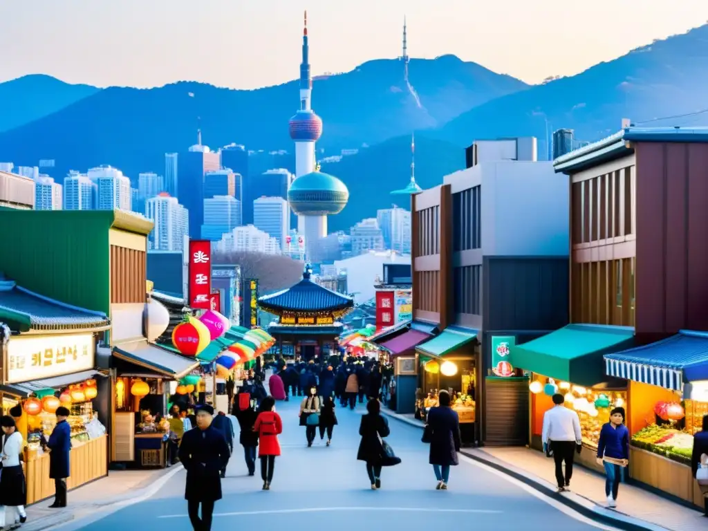 Colorida calle de Itaewon, Seúl, con restaurantes halal y mercados