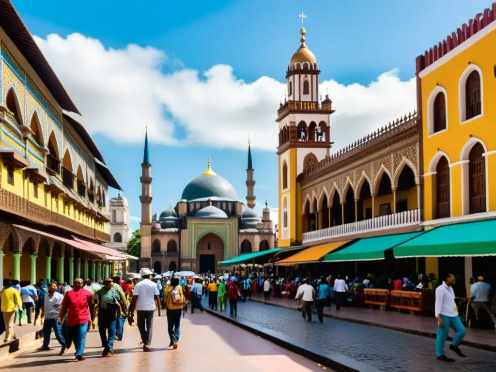 Colorida convivencia del islam en Latinoamérica: mezquita y iglesia concurridas, gente diversa interactuando en la bulliciosa calle