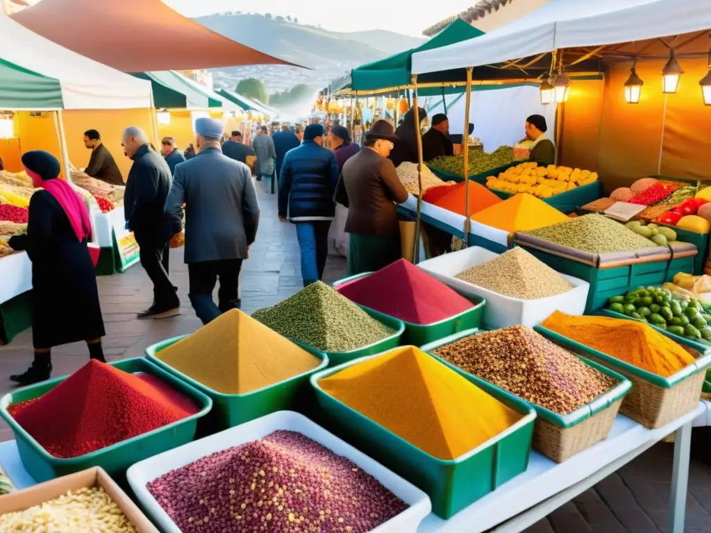 Colorida escena de mercado al aire libre en Andalucía, con vendedores ofreciendo especias, frutas frescas y carnes halal