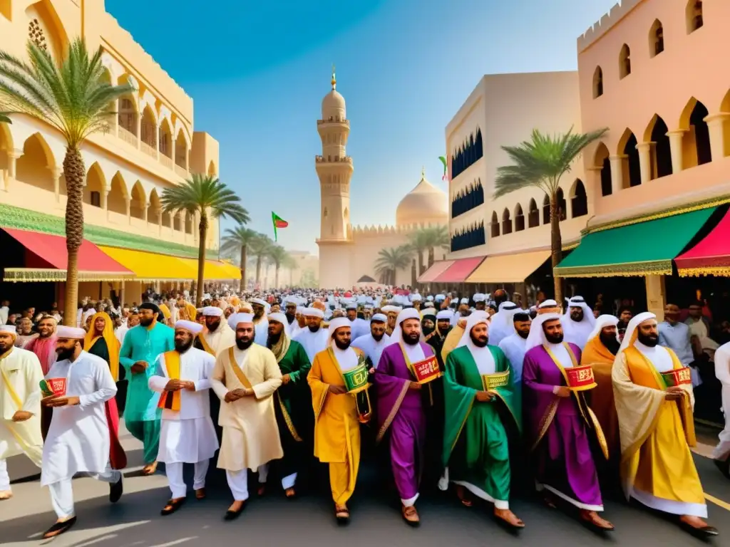 Colorida celebración islámica durante Rabi' alAwwal con música, danza y vestimenta tradicional, capturando la alegría festiva