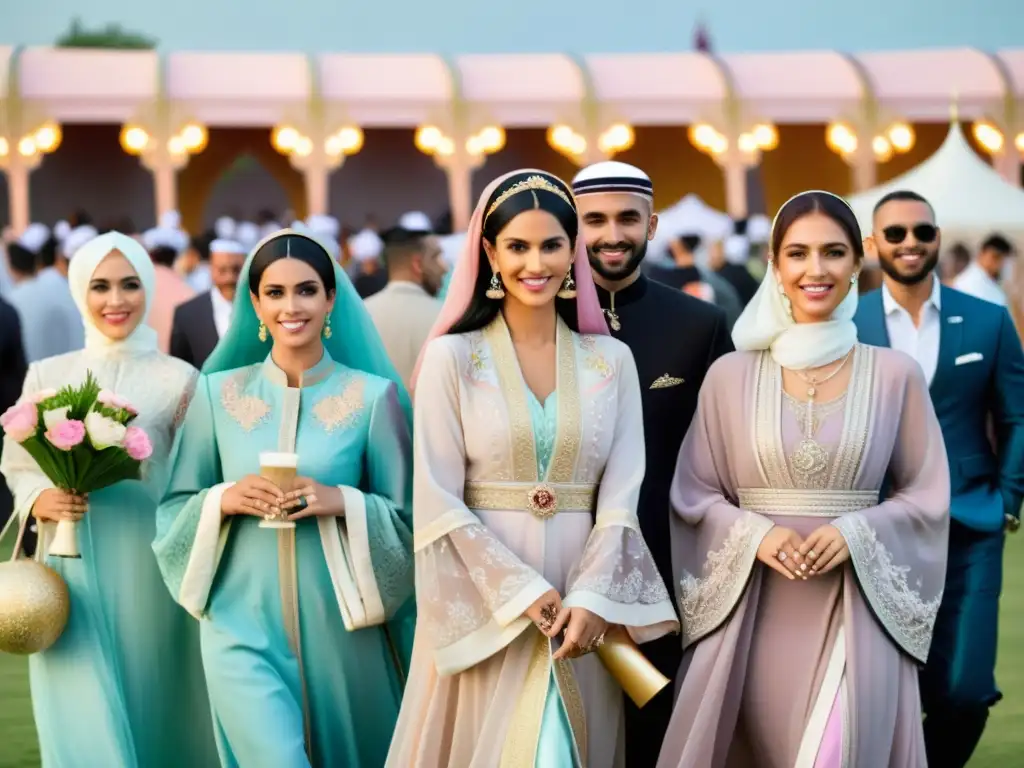 Colorida moda en festivales musulmanes: elegantes abayas y thobes en un ambiente festivo y comunitario bajo el cálido sol