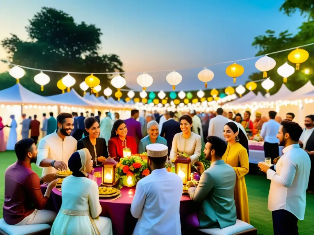 Celebración colorida del Eid alFitr, unidos en solidaridad y alegría, compartiendo abrazos y regalos