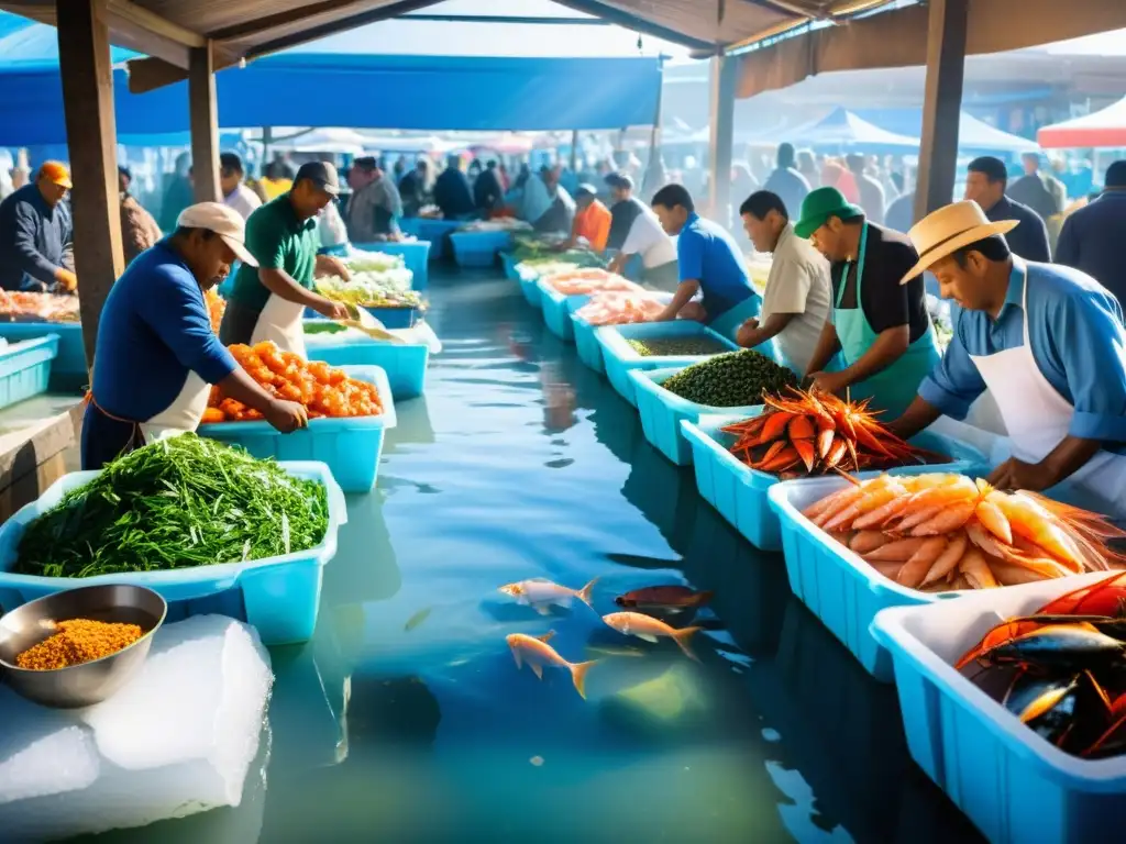 Una colorida y vibrante selección de pescados y mariscos halal en un bullicioso mercado