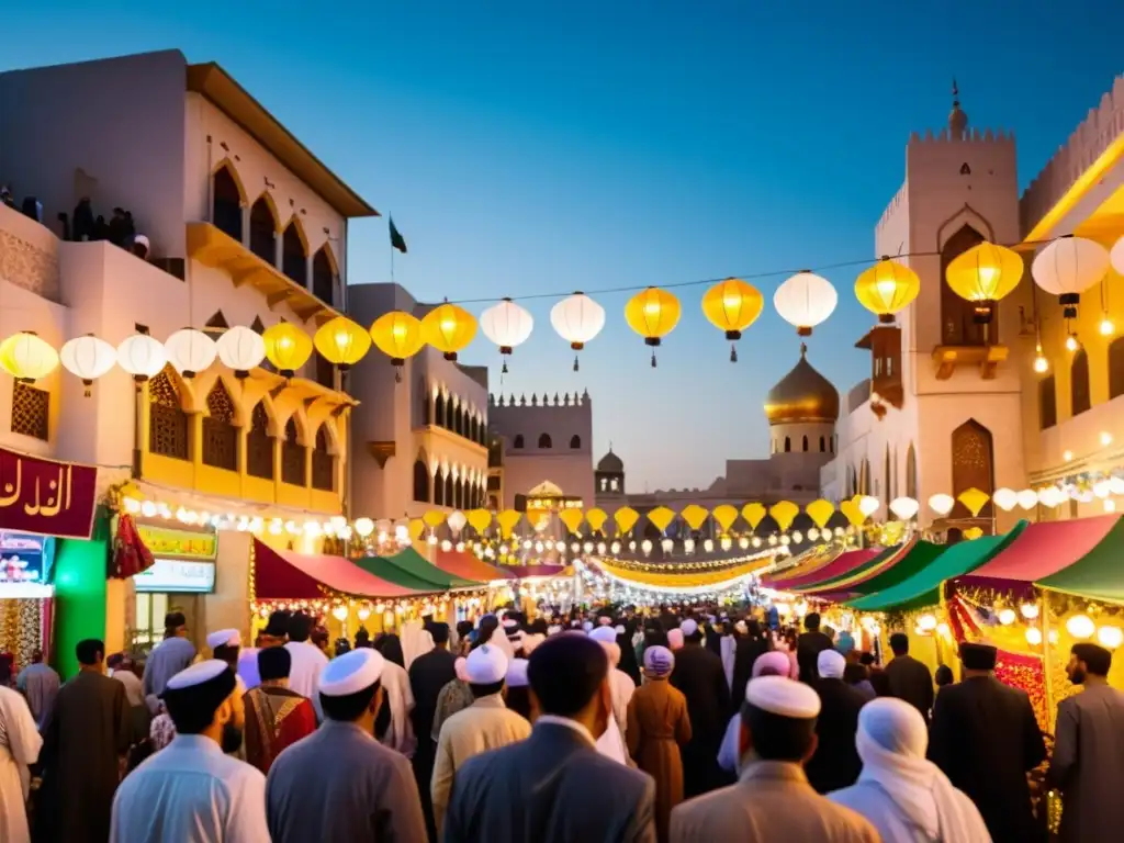 Coloridas celebraciones Mawlid alNabi en un bullicioso y vibrante escenario de una ciudad del mundo islámico