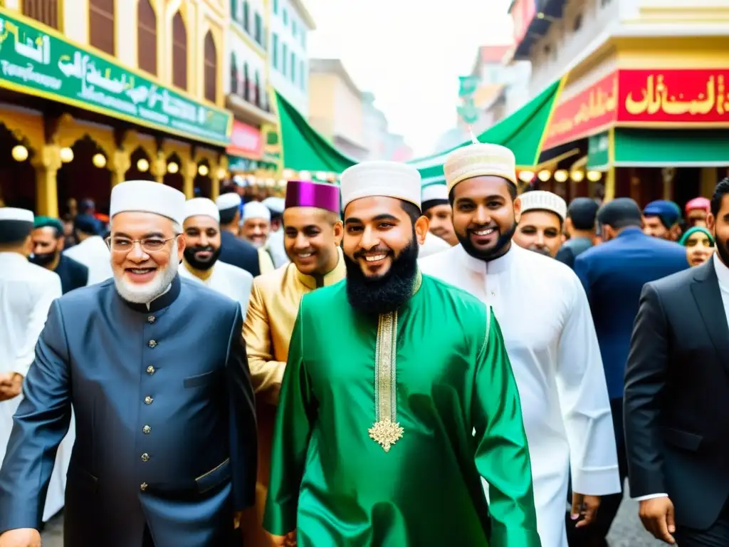 Coloridas celebraciones Mawlid alNabi mundo islámico en bulliciosa calle llena de música, danzas y aromas exóticos