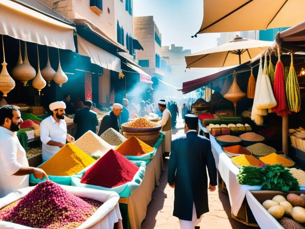 Colorido mercado al aire libre en Oriente Medio, con puestos de especias, frutas exóticas y productos frescos