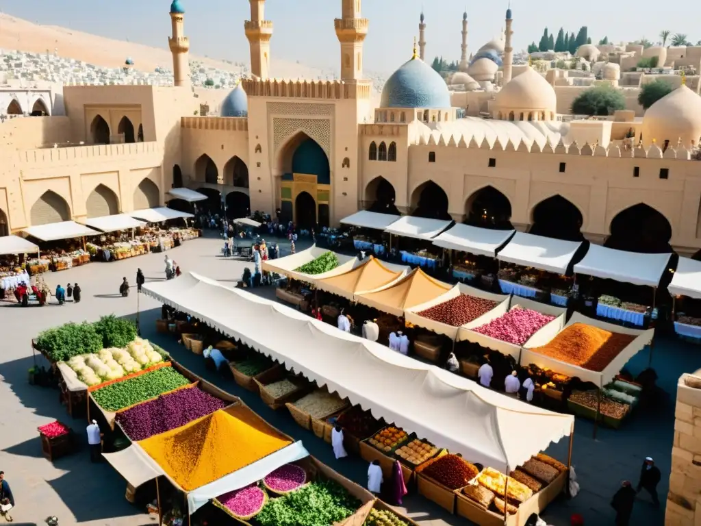 Colorido mercado al aire libre en Oriente Medio, lleno de puestos con tradición del Mezze y gente local regateando por productos frescos