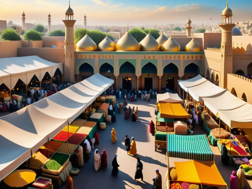 Mercado animado en la antigua Bagdad: sedas, especias y alfombras Colorido mercado al aire libre en la antigua Bagdad, con detalles de la arquitectura y la actividad, evocando la importancia de Mil y una noches en ética islámica