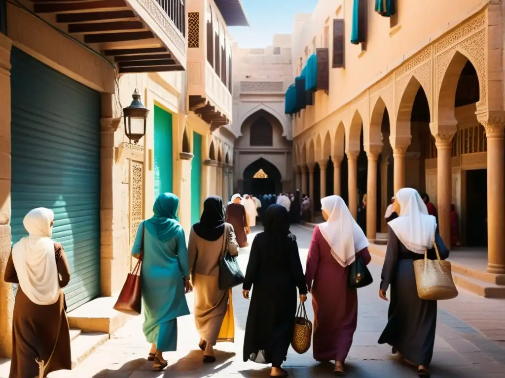 Colorido mercado en una antigua ciudad del Medio Oriente, mujeres intercambian historias y conocimiento, papel mujeres transmisión sabiduría islámica