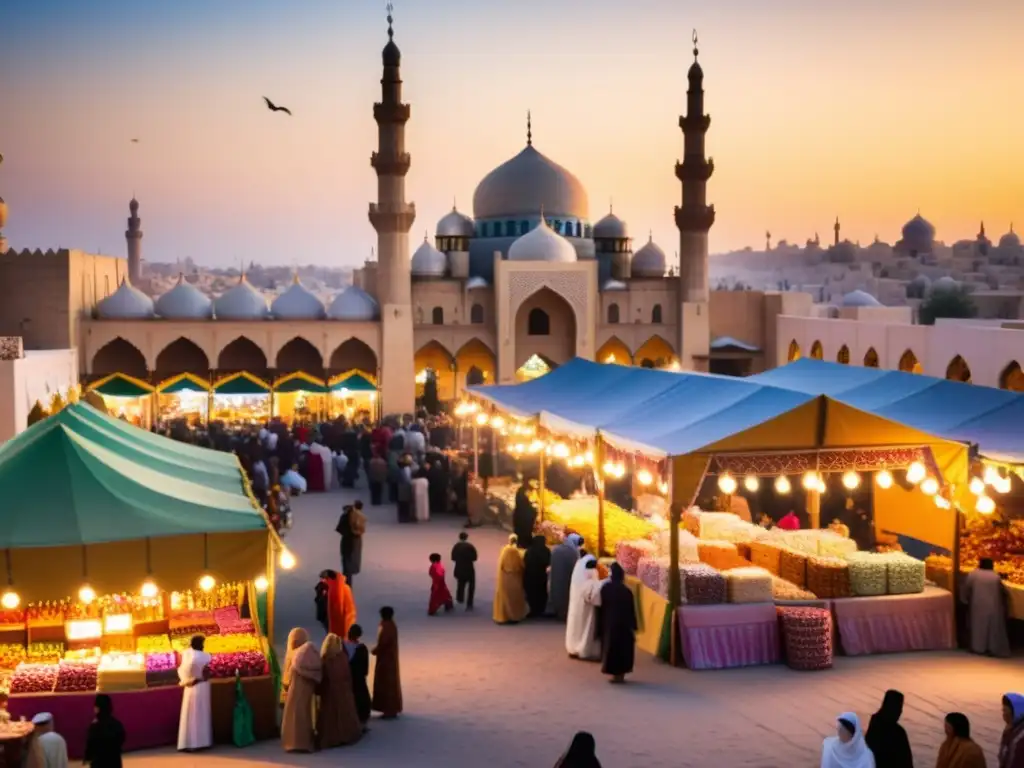 Colorido mercado en una ciudad del Medio Oriente durante Eid al-Fitr, con intercambios de regalos, abrazos y niños jugando con luces festivas