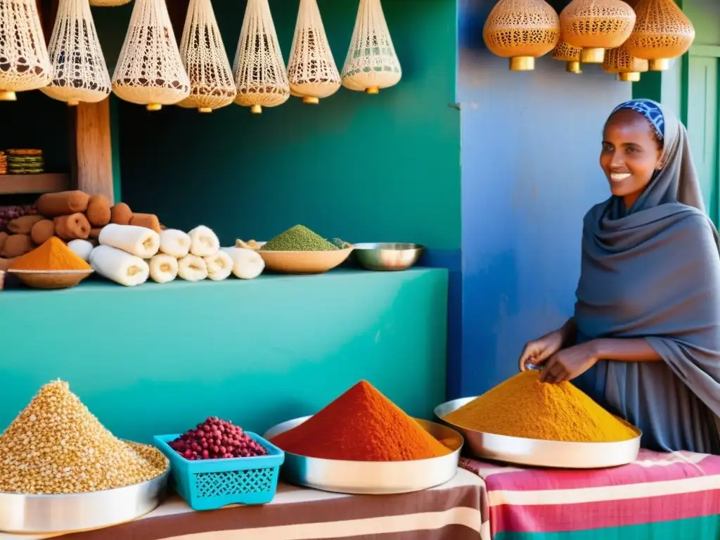 Colorido mercado en la diáspora somalí, con textiles, especias y productos