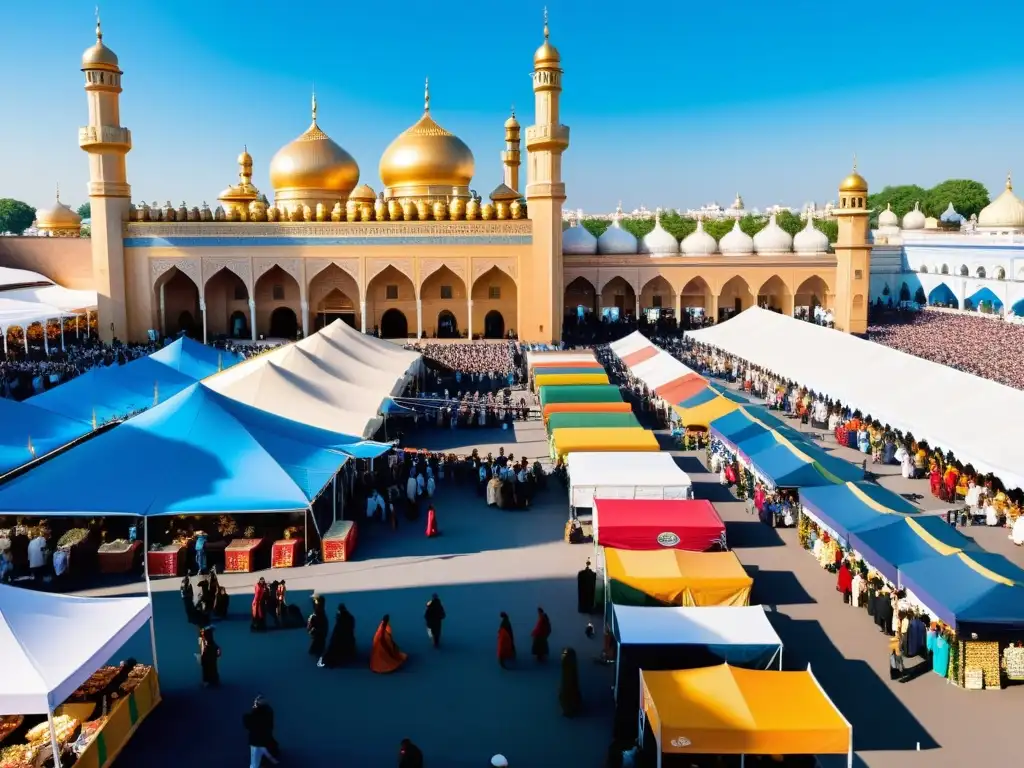 Colorido mercado en festival Halal 2022 con comida, textiles y ambiente festivo bajo el sol