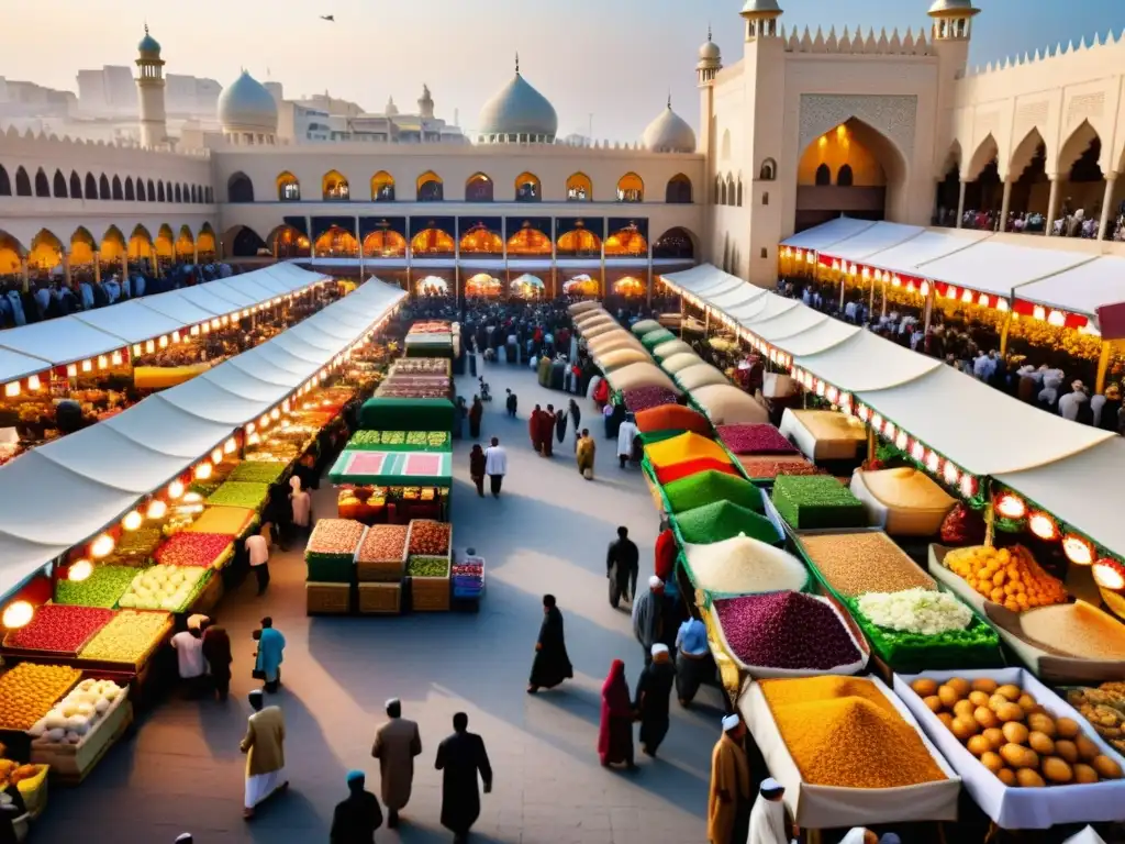 Colorido mercado islámico celebrando el Año Nuevo Islámico Hijri: Tradiciones y celebraciones, con gente, comida y arquitectura tradicional