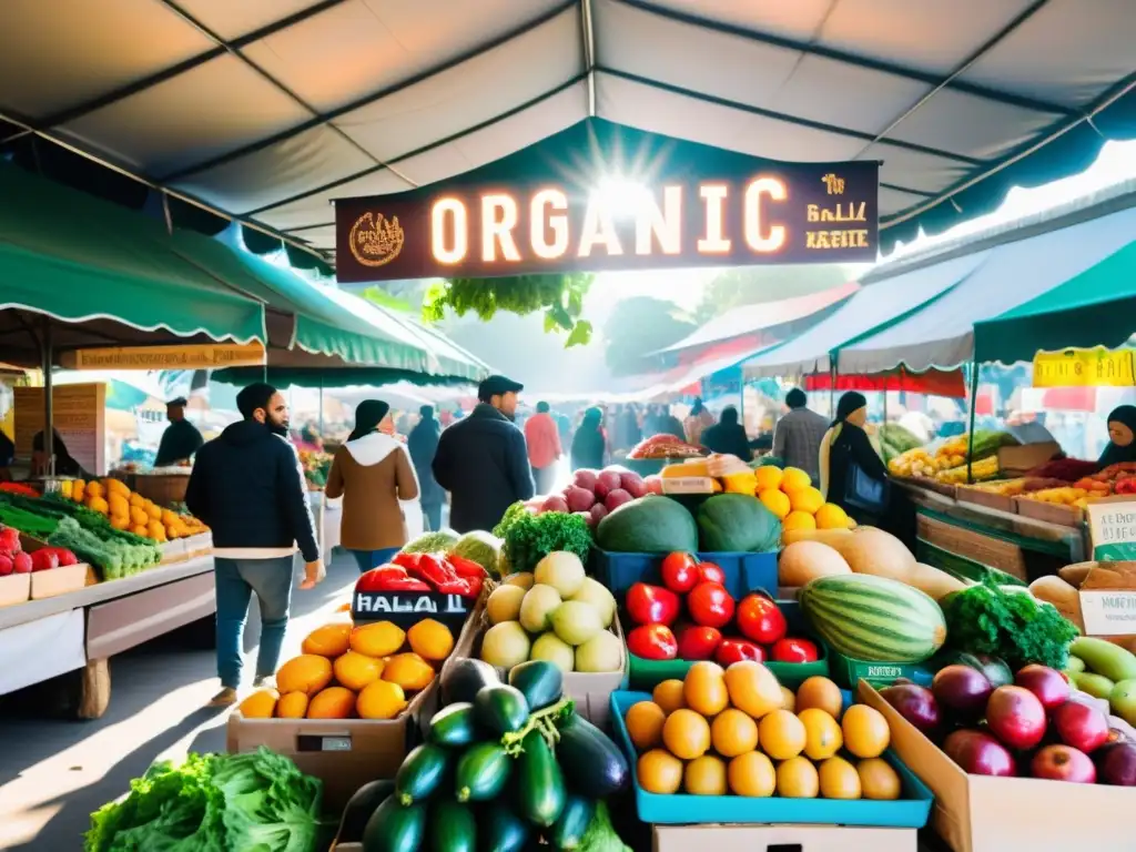 Colorido mercado orgánico con alimentos frescos y certificados halal, ambiente animado y vibrante