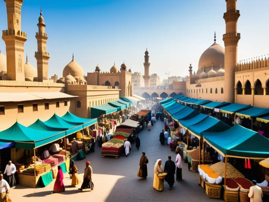 Colorido mercado del Cairo del siglo XVIII, con puestos de especias, telas y frutas exóticas